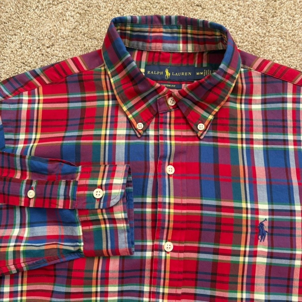 Ralph Lauren Plaid Button Down Shirt‎ Men Medium Red Multi Color Custom Fit EUC